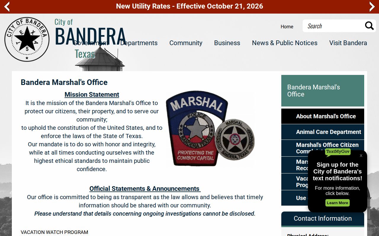 Bandera County Marshal records page for Bandera arrest records
