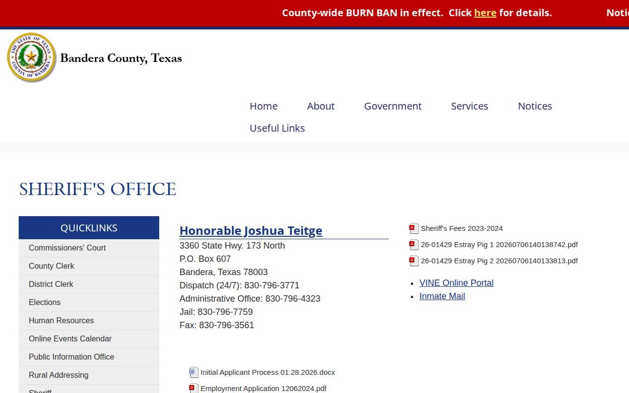 Bandera County Sheriff’s Office booking and custody contact record